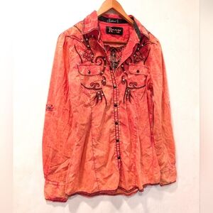ROAR Women's Embroidered Orange- Red Western Pearl Snap Shirt Size Small